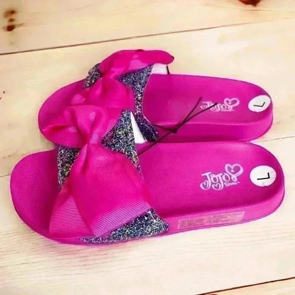 NWT Jojo Siwa Fuchsia Pink Glitter Bow Slide On Sandals Sz L(3) - Picture 4 of 6